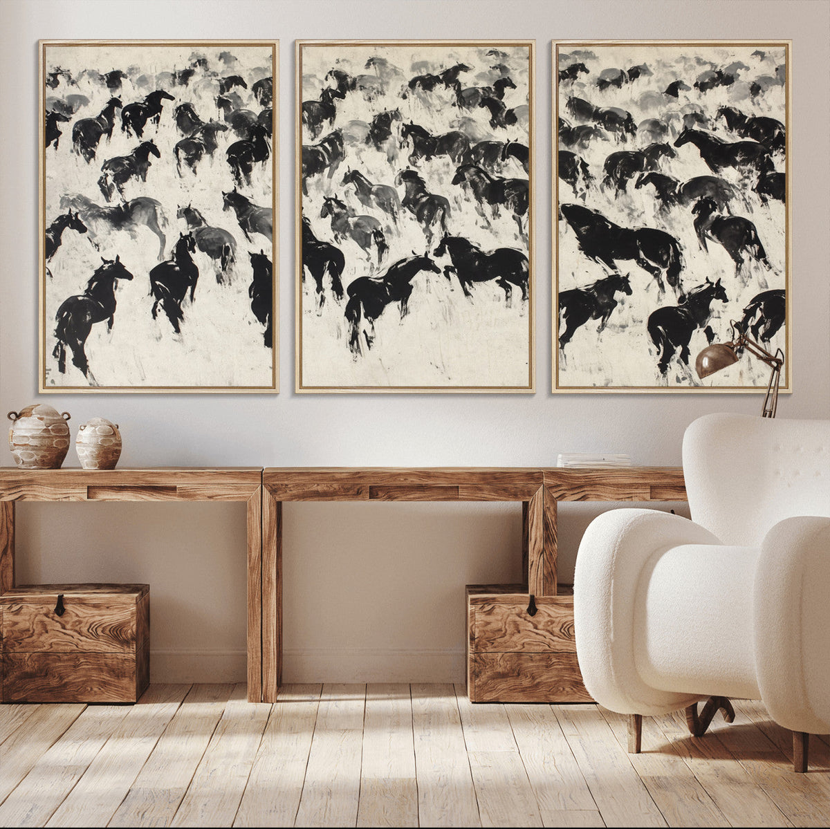 Wild Horse Stampede Wall Art Canvas Print – Monochrome