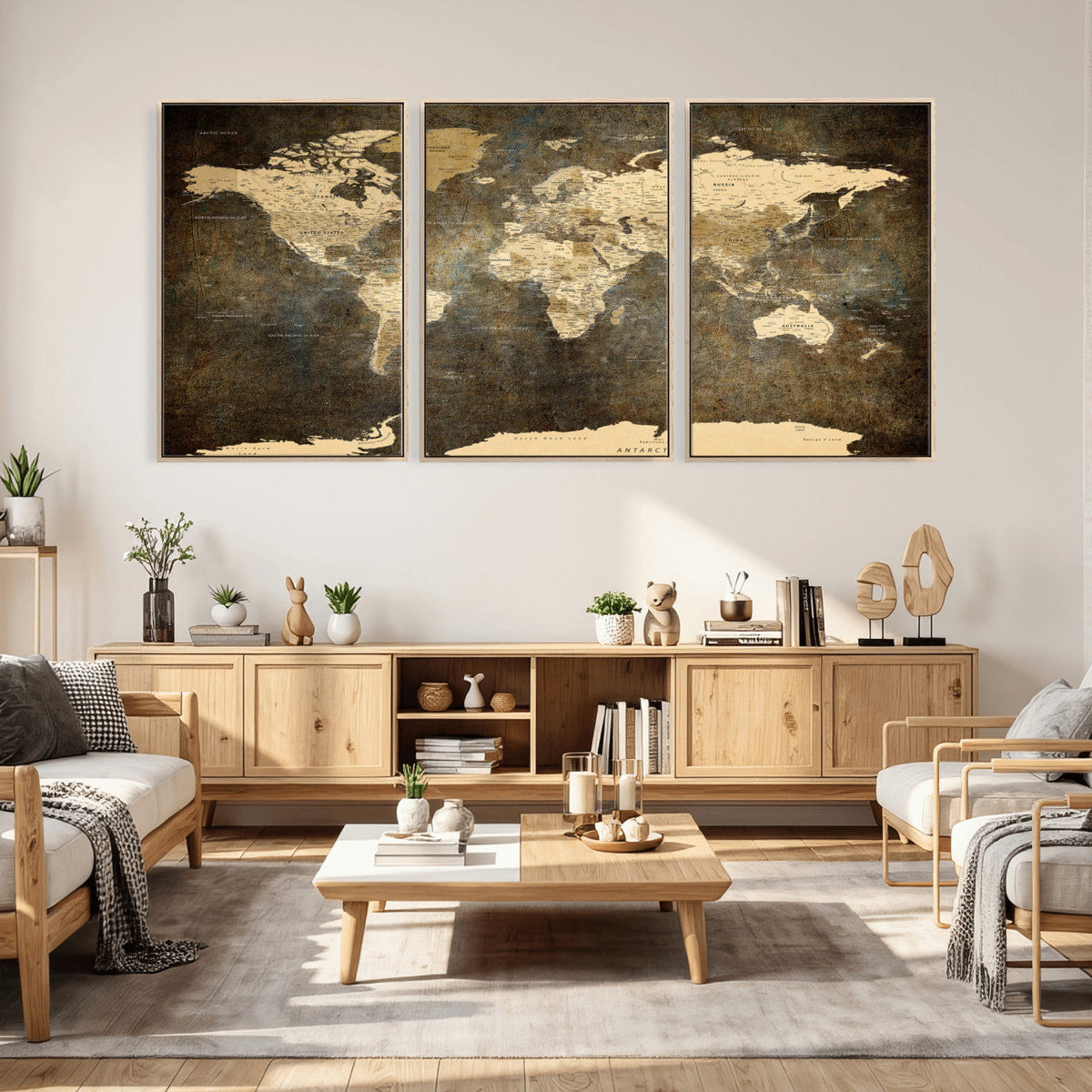 Large Framed Vintage World Map Wall Art Print for Home Wall