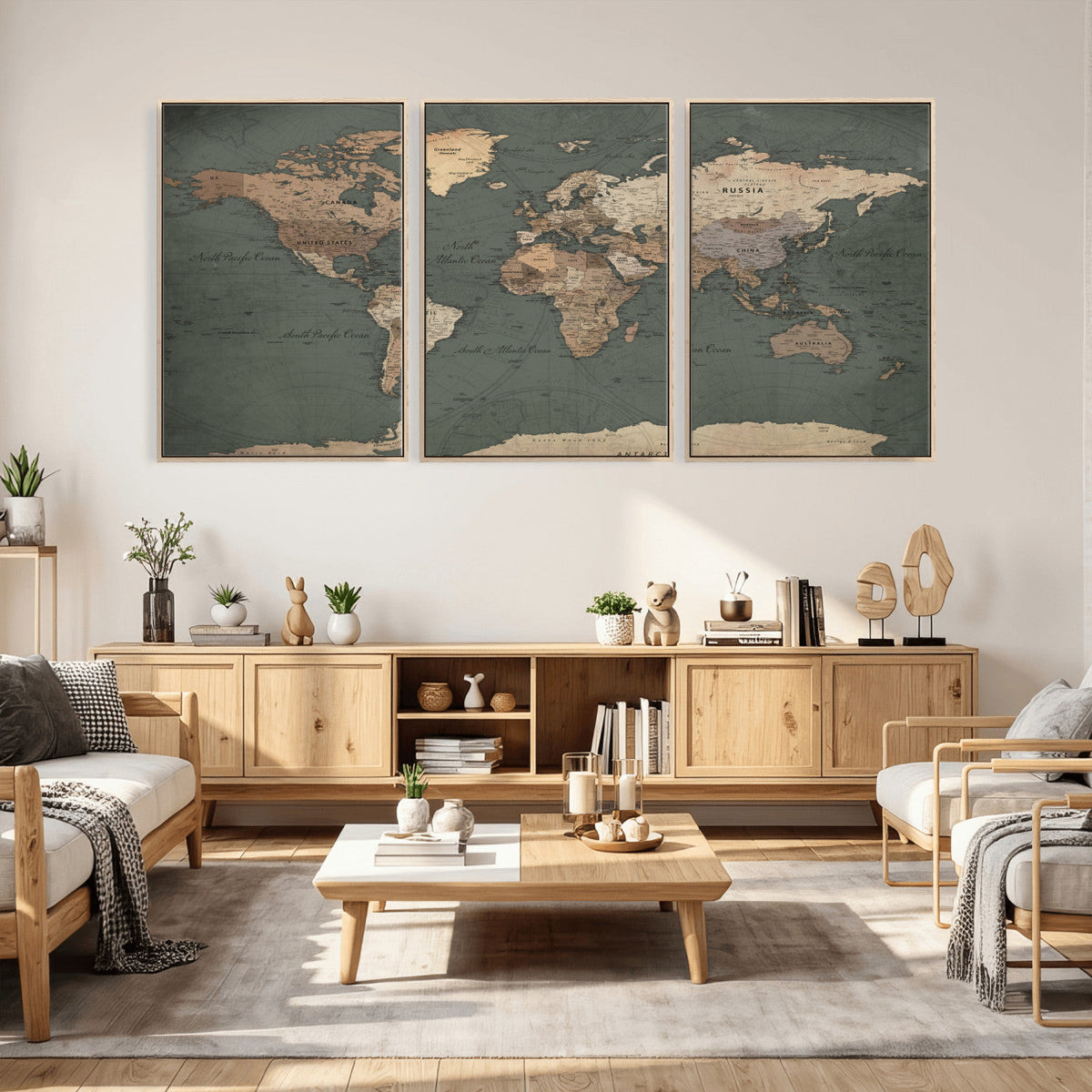 Rustic Black and Wood World Map Canvas Wall Art – Framed