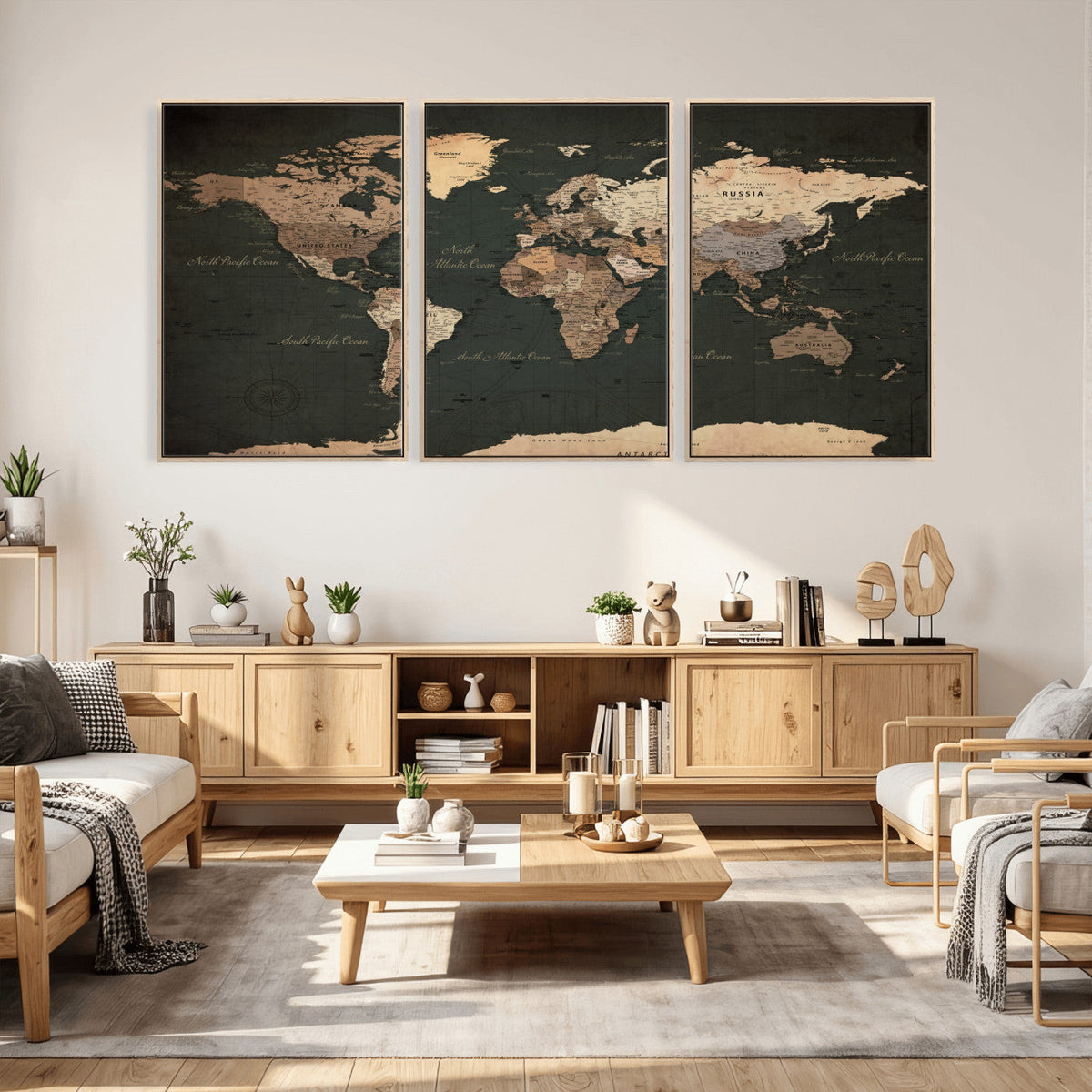 Vintage World Map Canvas Wall Art – Framed Travel Map for