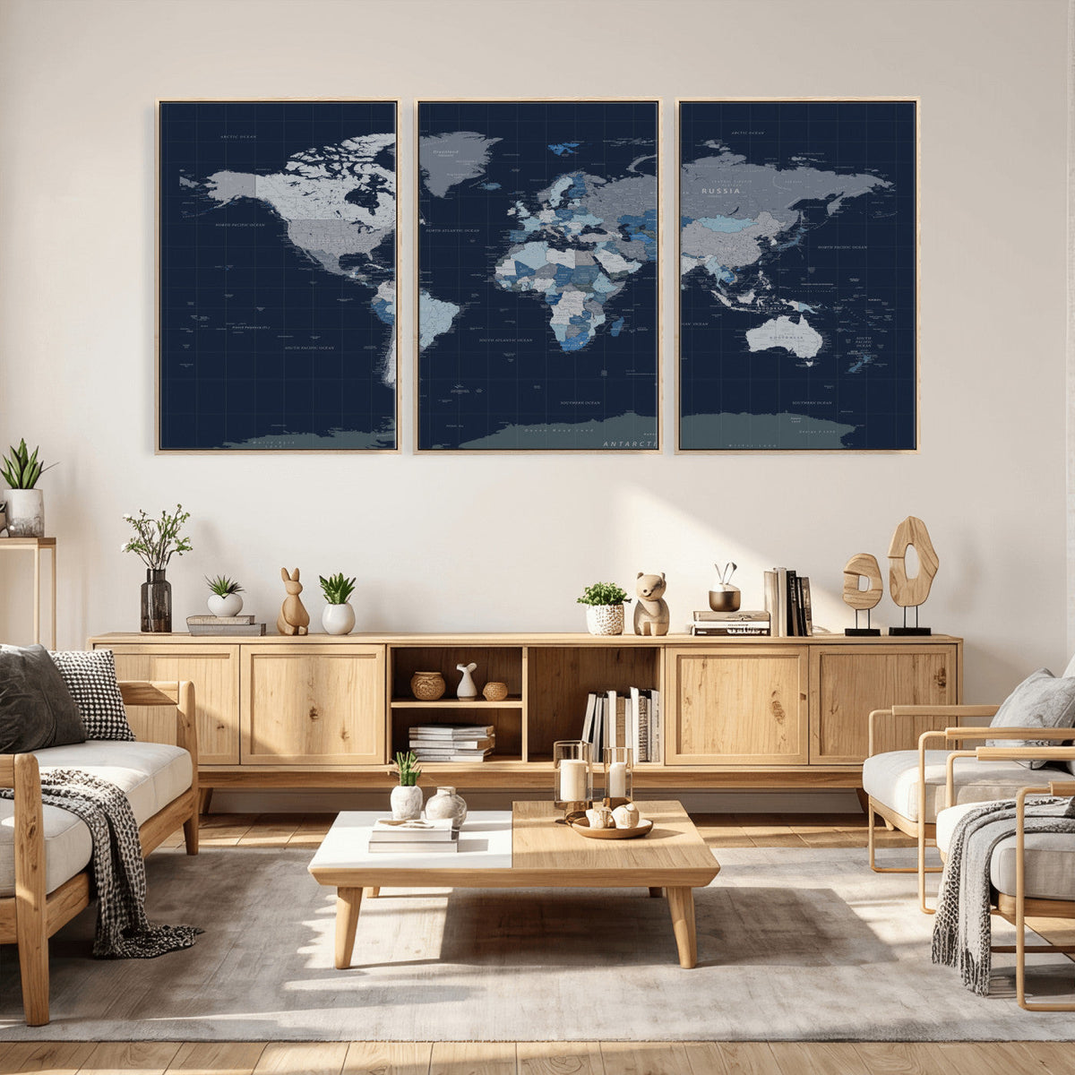 Blue Detailed World Map Wall Art Canvas Print, Modern Framed