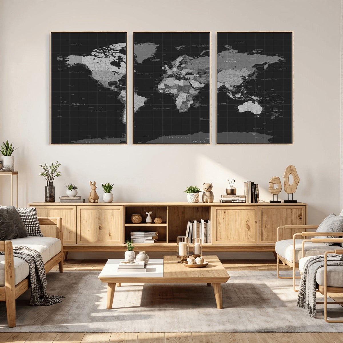 Black World Map Wall Art Canvas Print – Detailed Map of the