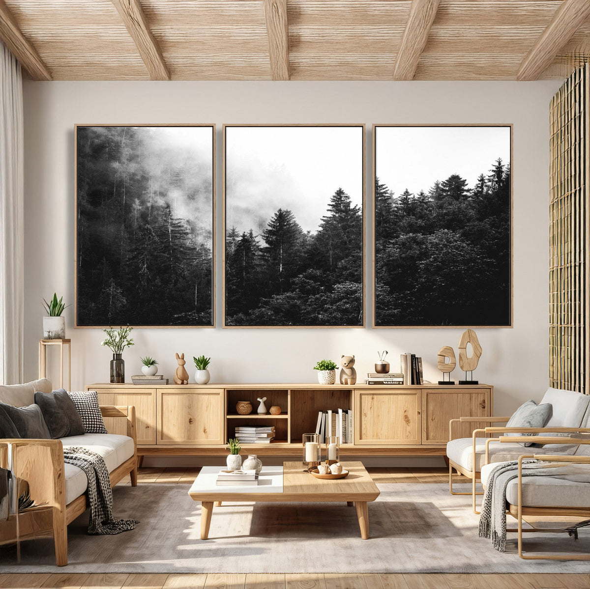 Black White Forest Wall Art Canvas Print, Misty Pine Tree