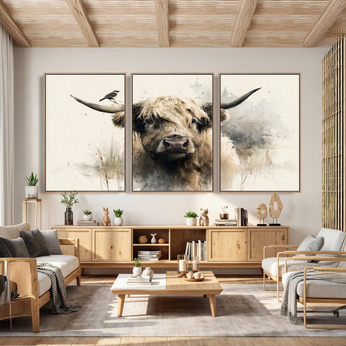 Abstract Highland Cow Wall Art Canvas Print, Rustic Farm