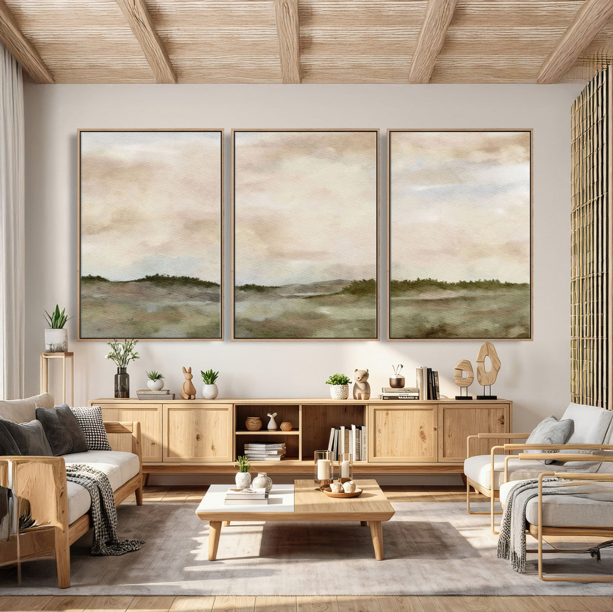 Muted Watercolor Hill Landscape Print — Beige Taupe Cloudy