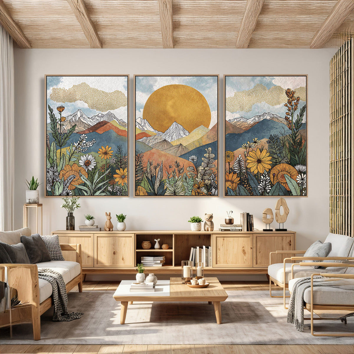 Boho Mountain Landscape Large Wall Art, Horizontal Gold