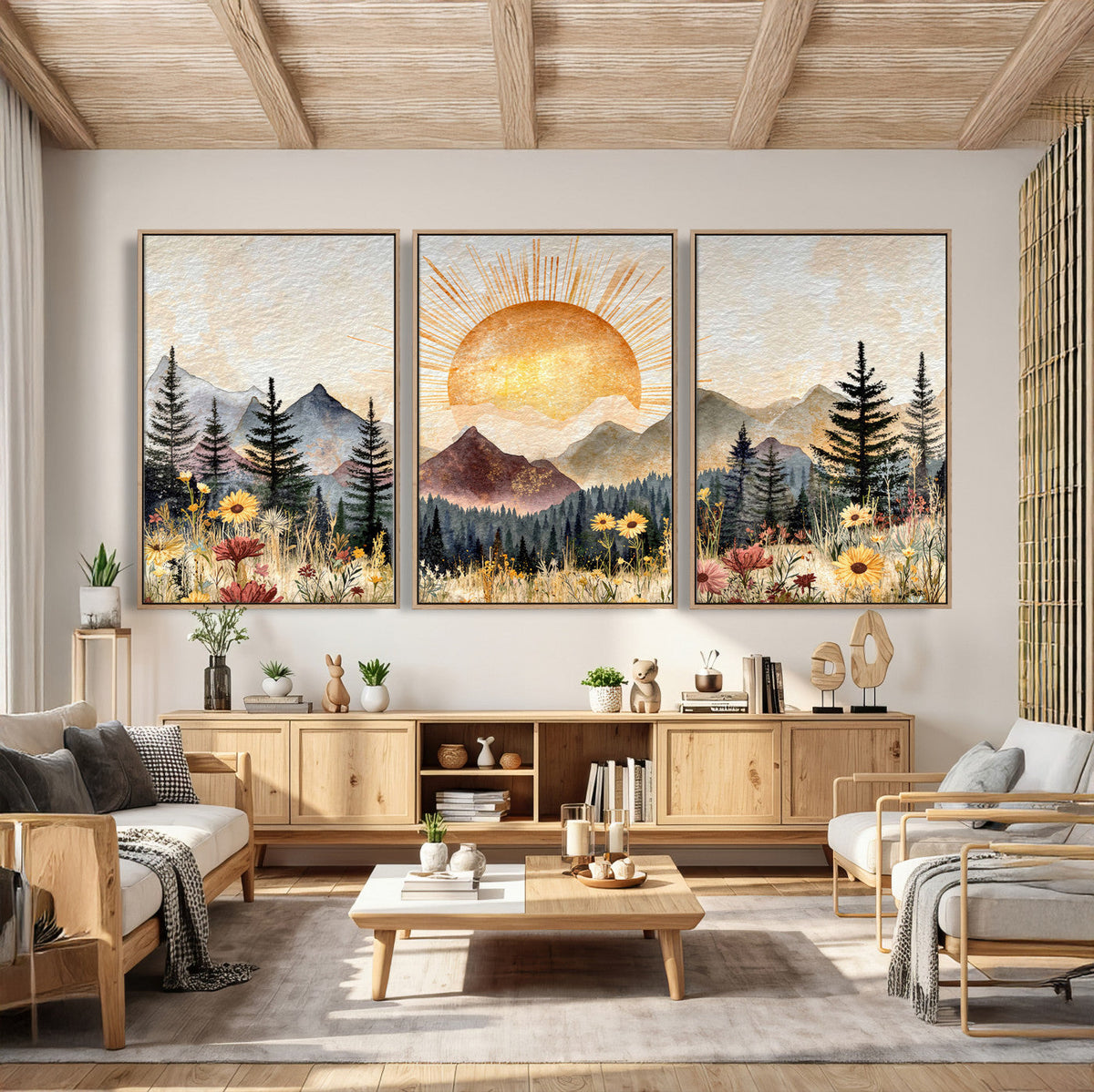 Boho Mountain Landscape Large Wall Art, Horizontal Gold