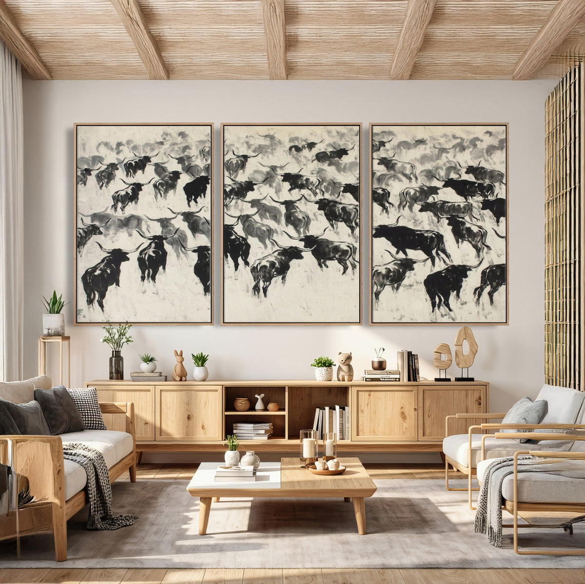 Longhorn Cattle Canvas Wall Art, Black White Stampede Ink