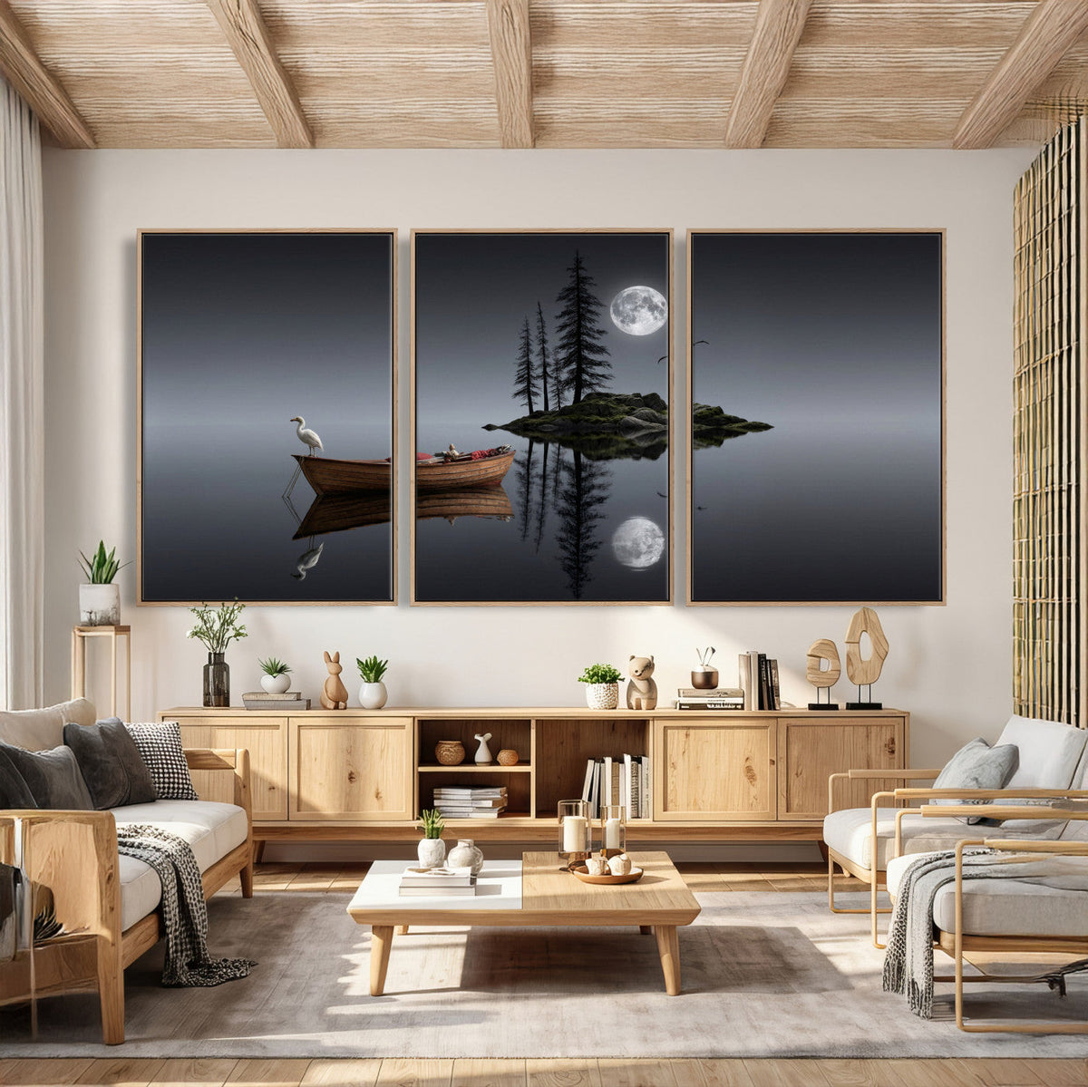 Moonlit Lake Canvas Wall Art, Dreamy Boat Heron Full Moon