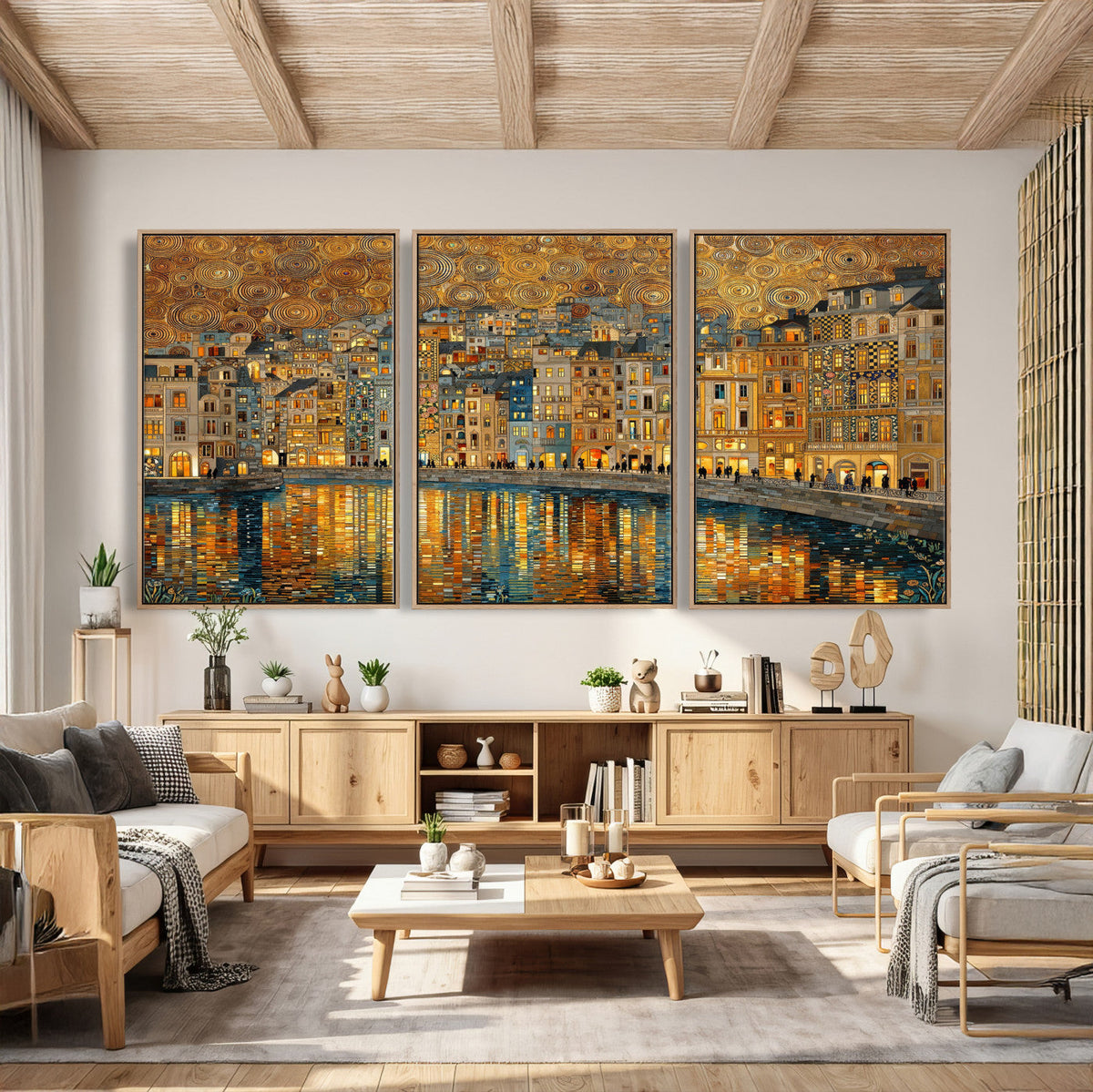 Gustav Klimt Golden Cityscape Wall Art Canvas Print, Framed