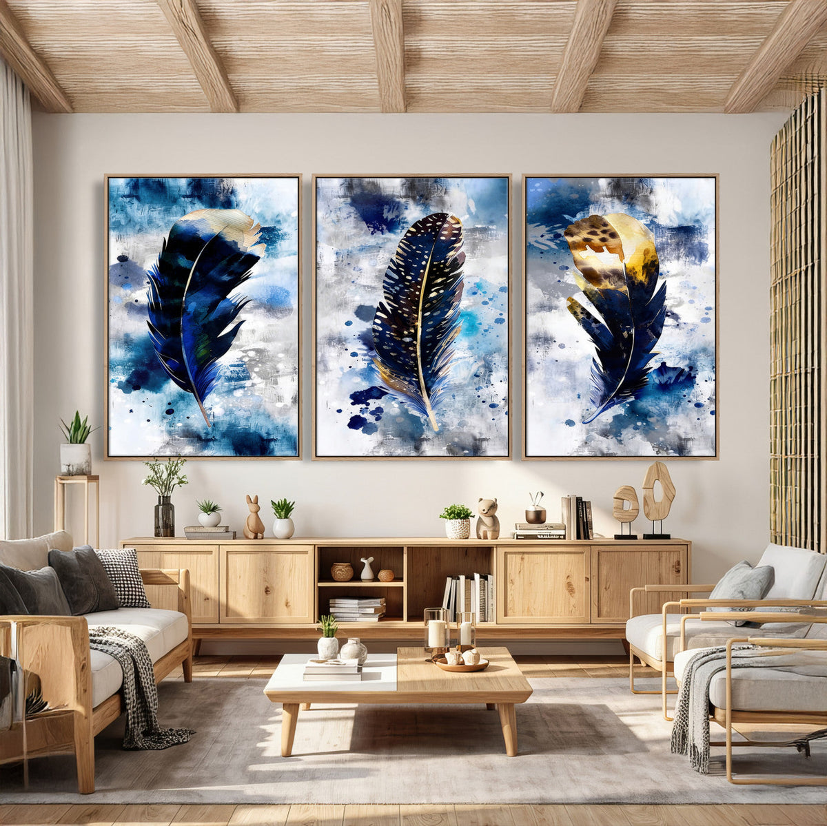 Feather Canvas Wall Art Navy Blue Gold Watercolor Abstract