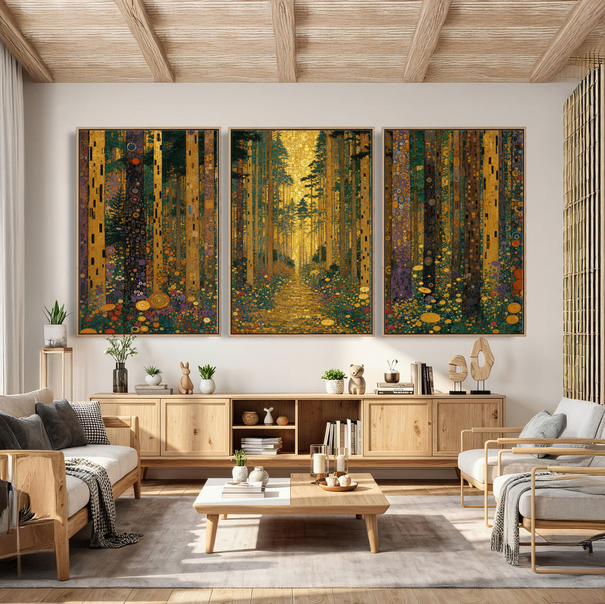 Gustav Klimt Style Forest Canvas Wall Art, Golden Forest Path Floral Art Nouveau Print, Enchanted Woodland Decor