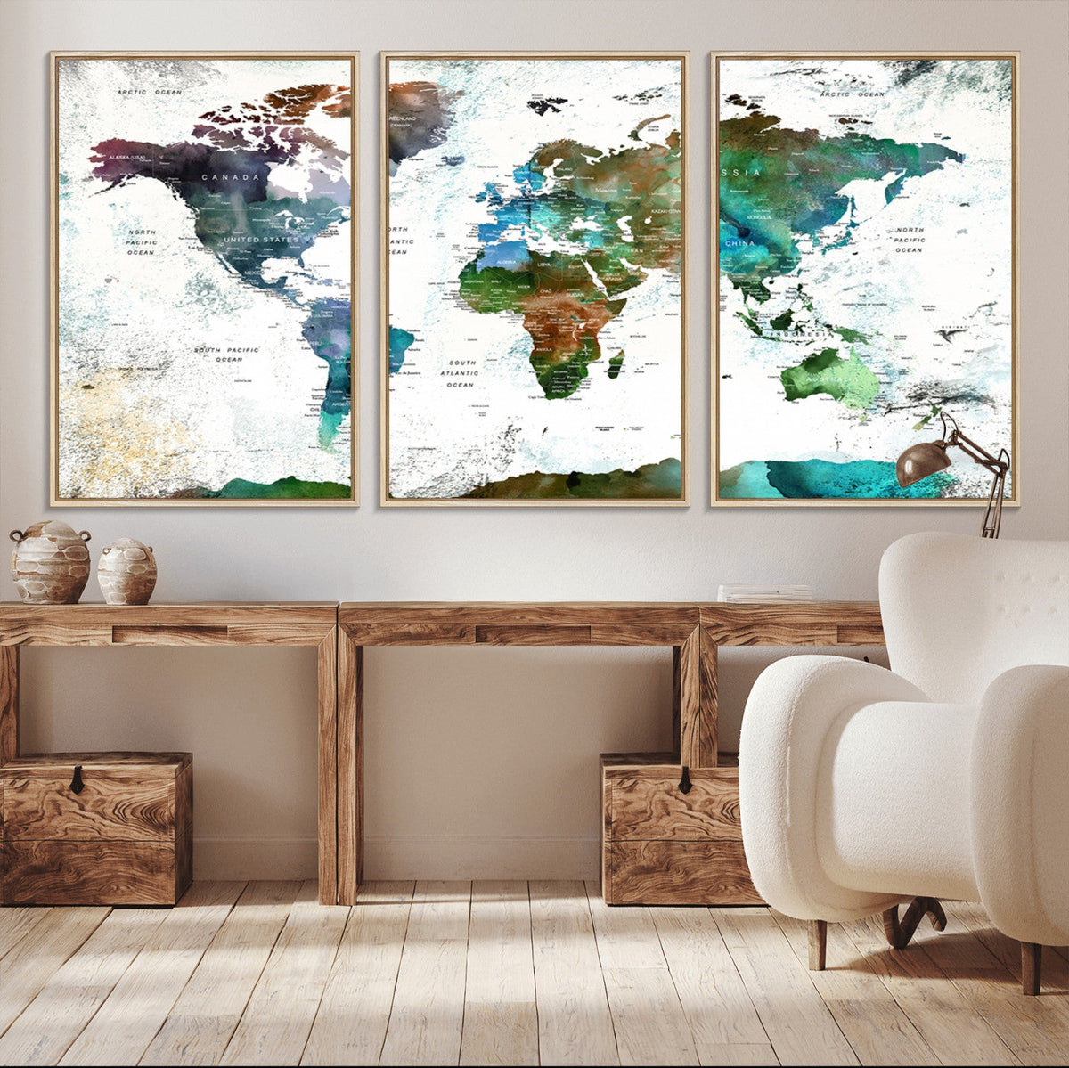 Modern Watercolor World Map Canvas Wall Art – Framed