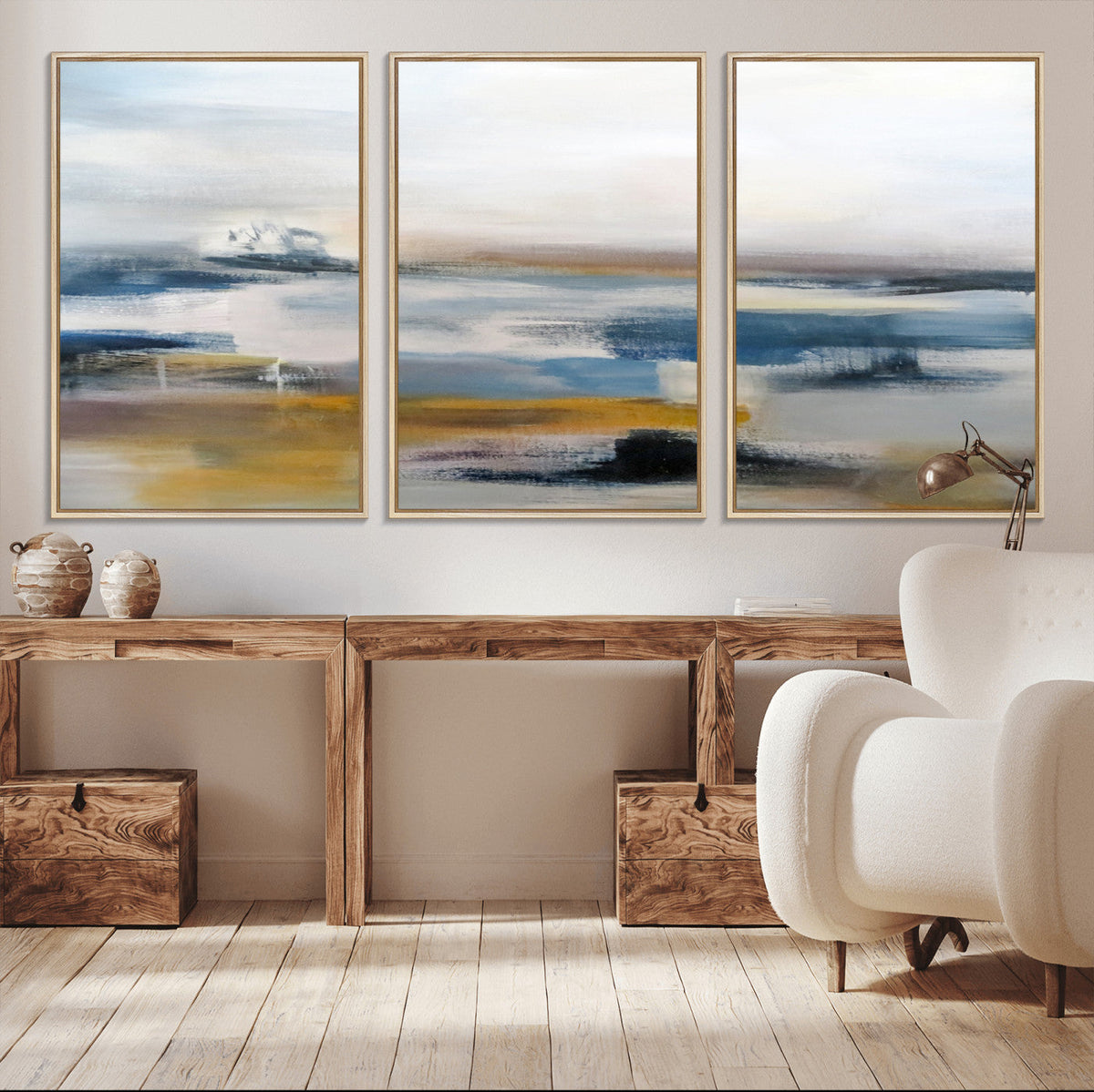 Abstract Landscape Wall Art Canvas | 3 Panel Modern Blue,