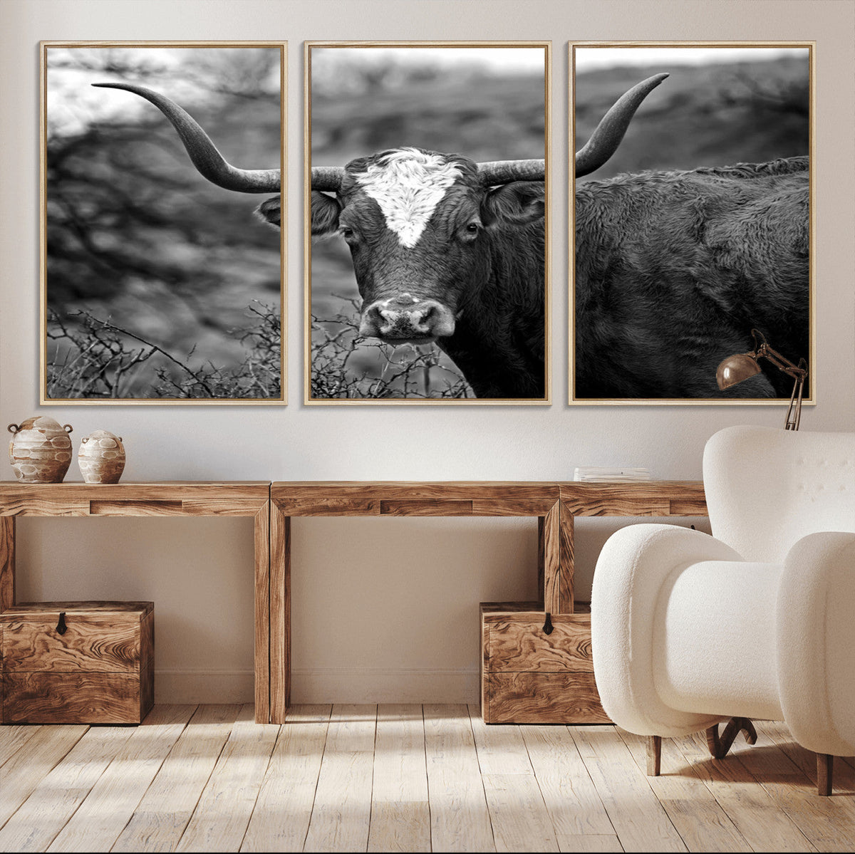 Western Home Wall Art Canvas Print, Framed Texas Longhorn