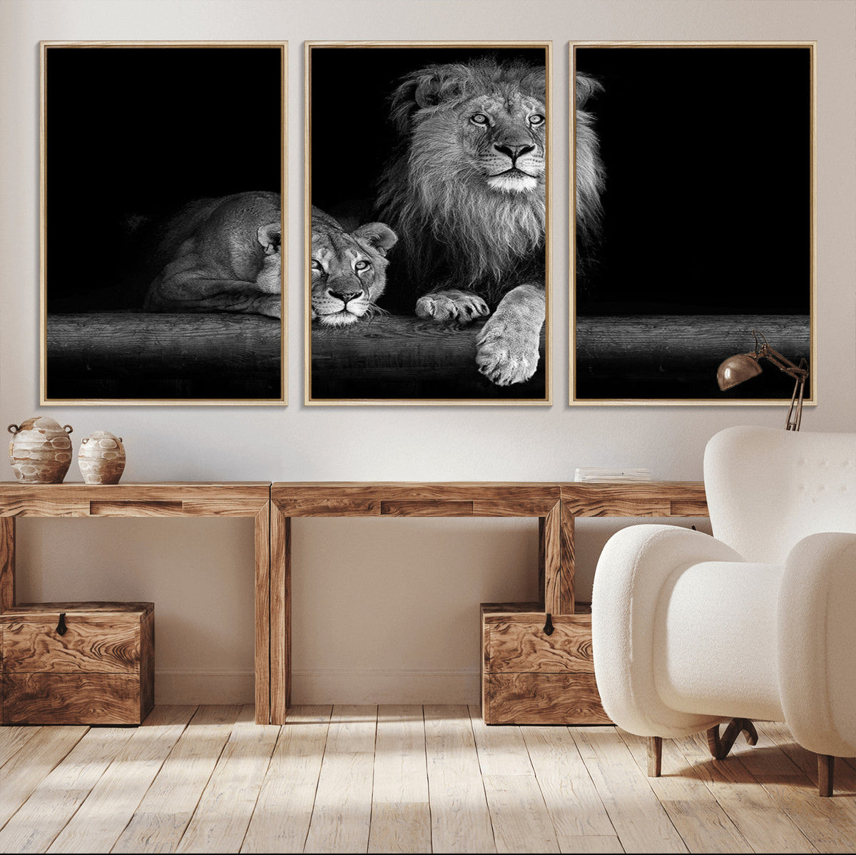 Large Black and White Lion Couple Wall Art Canvas Print –