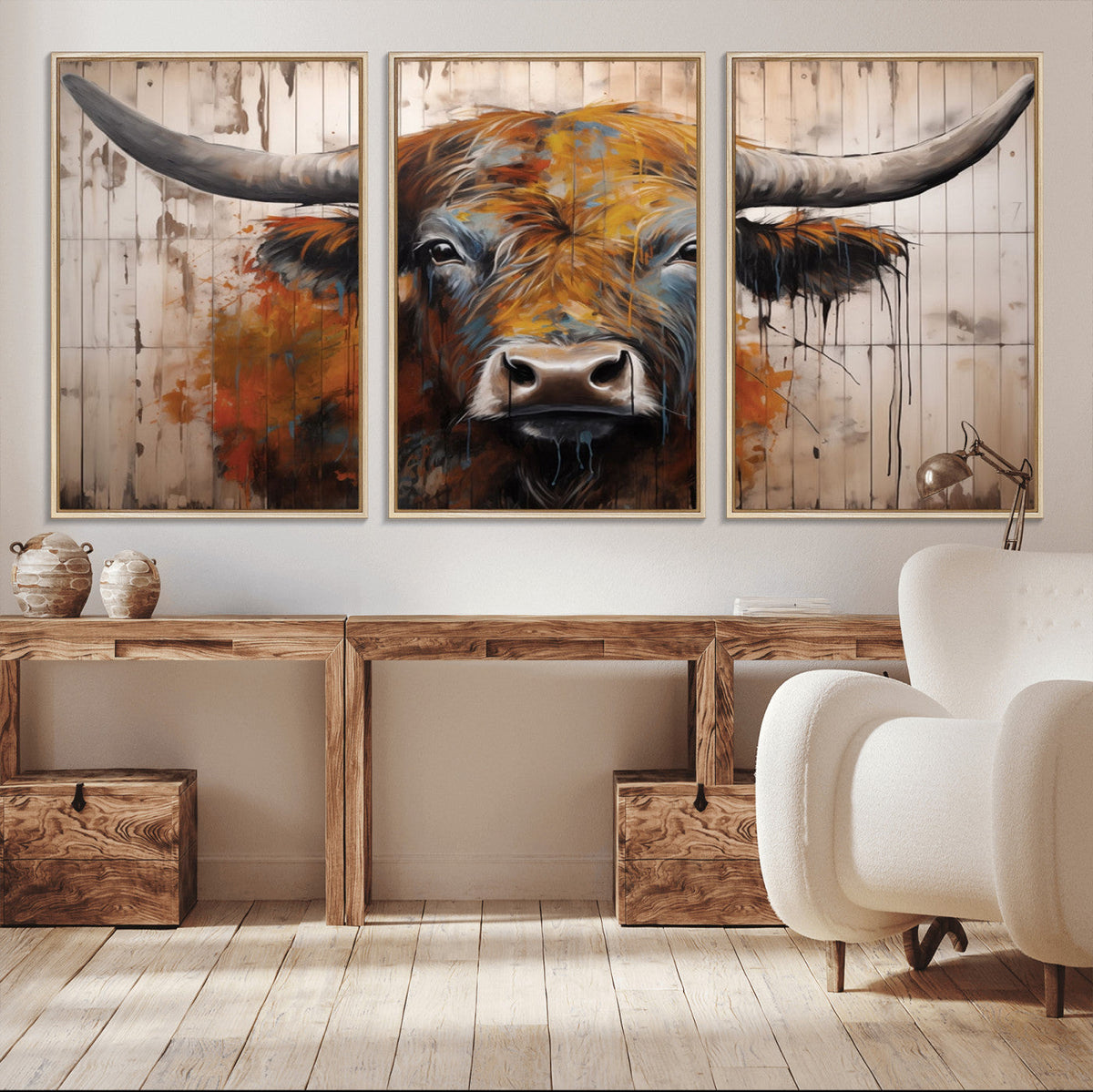Abstract Bull Highland Cow Canvas Wall Art Print – Vibrant