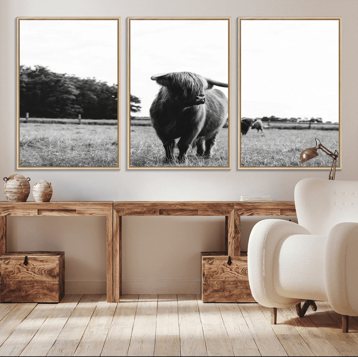 Black and White Highland Cow Wall Art Canvas Print | Rustic