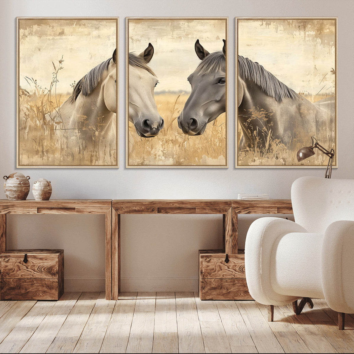 Chines Ink Style Grunge Horses Wall Art Canvas Print