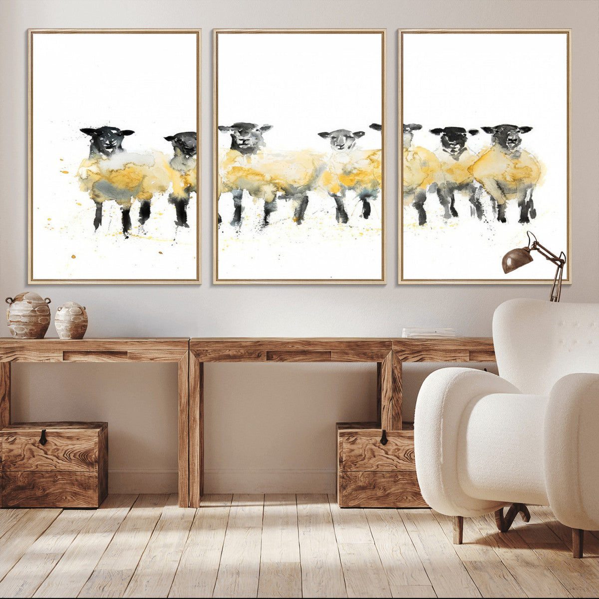 Farmhouse Wall Art Sheep Print | Ready to Hang Framed Canvas
