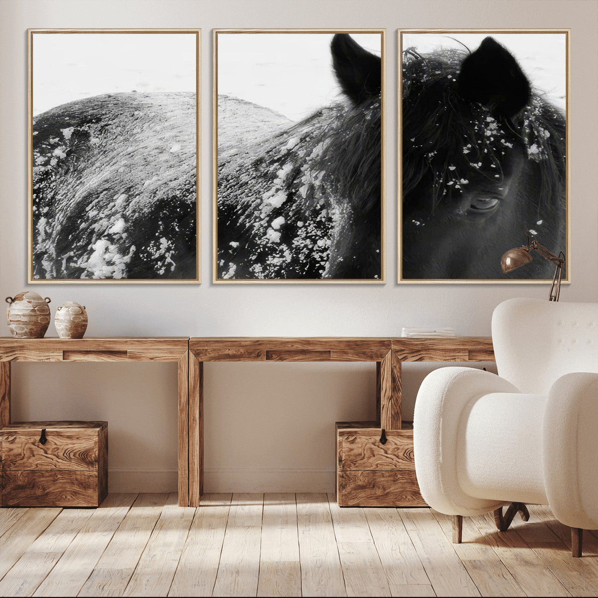 Black Horse in Snow Canvas Print | Winter Horse Wall Art |