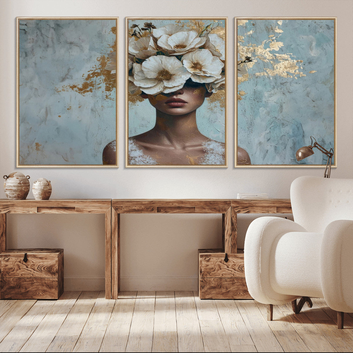 Golden Petal Wall Art - Petal Silhouette Woman Wall Art