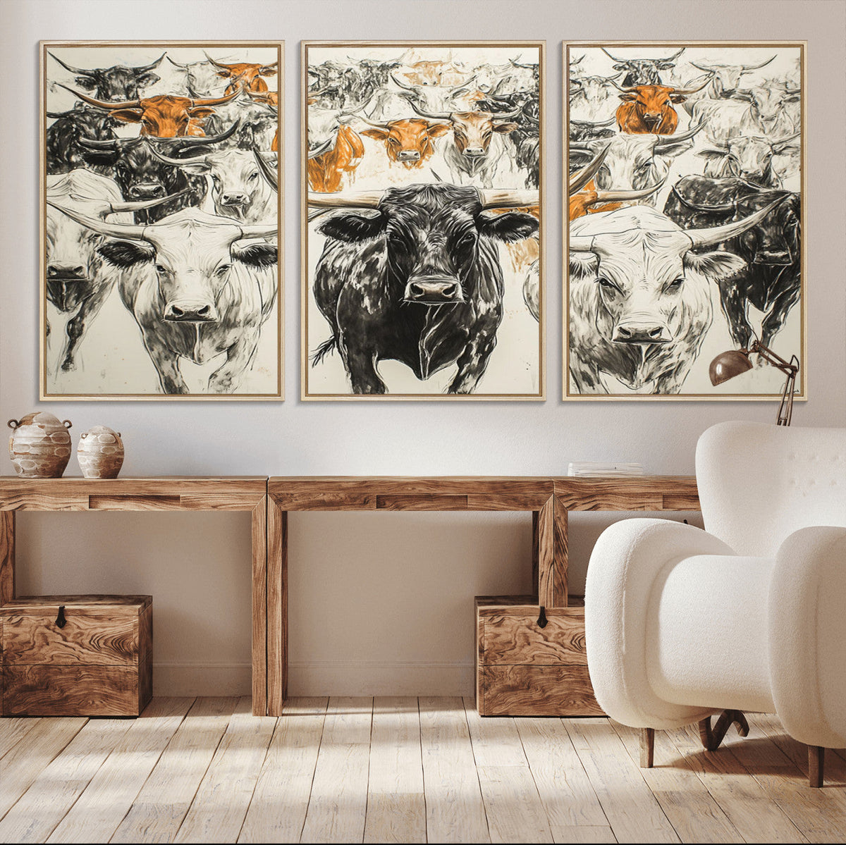Farmhouse Wall Art | Western Longhorn Cattle Canvas Print |