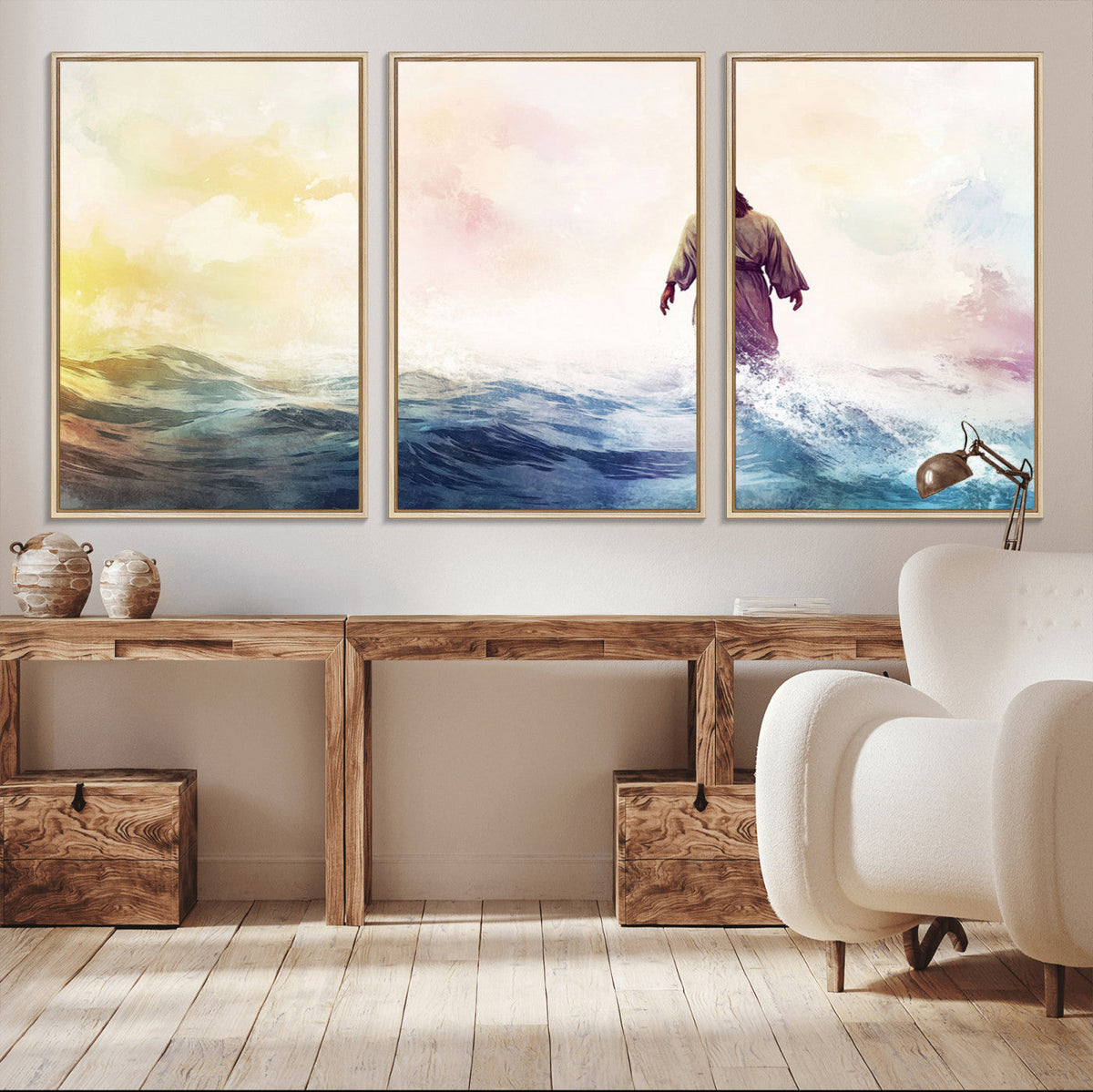 Watercolor Jesus Walking on Water Canvas Print, Christian