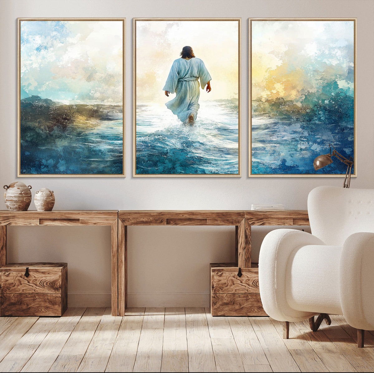 Watercolor Jesus Walking on Water Canvas Print, Christian