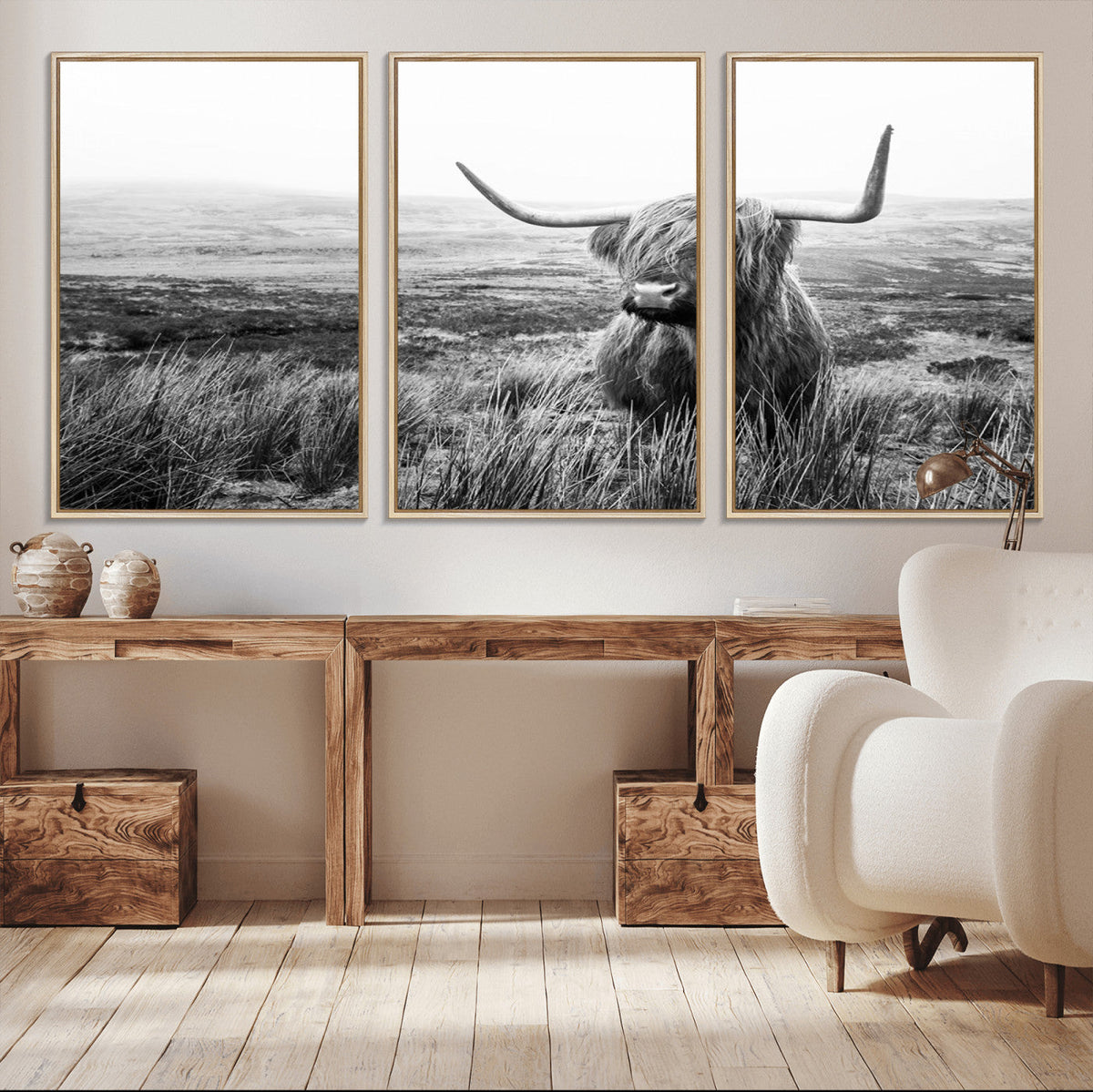 Scottish Highland Cow Wall Art | Black and White Canvas
