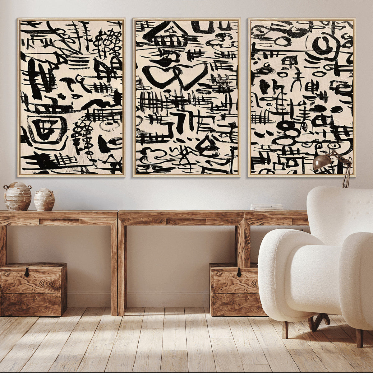 Abstract Love and Chaos Canvas Print, Black Symbols on Beige