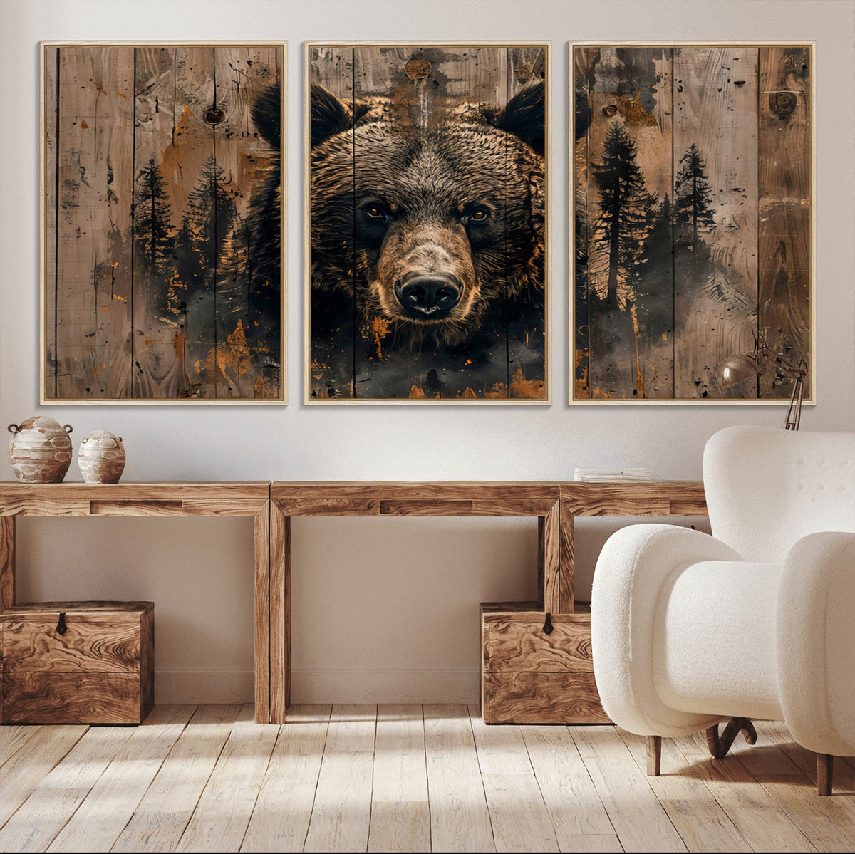 Rustic Grizzly 399 Wall Art | Triptych Canvas Print | Rustic