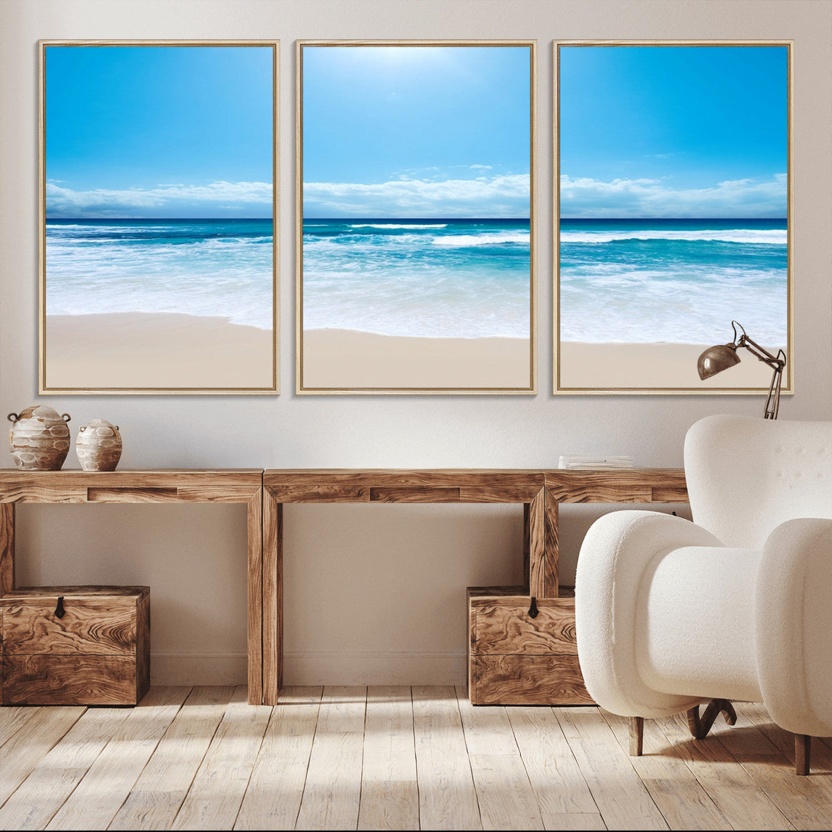 Wall Art Canvas Print Shiny Blue Sea and Beach