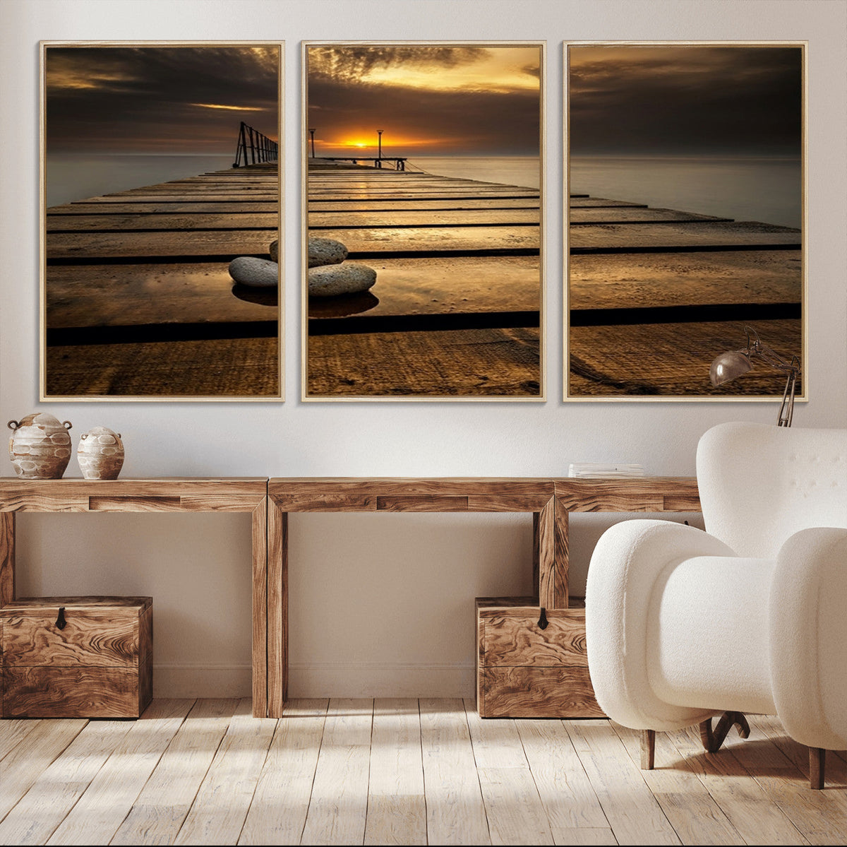 Stones on Wooden Pier at Sunset Canvas Print, Serene Coastal