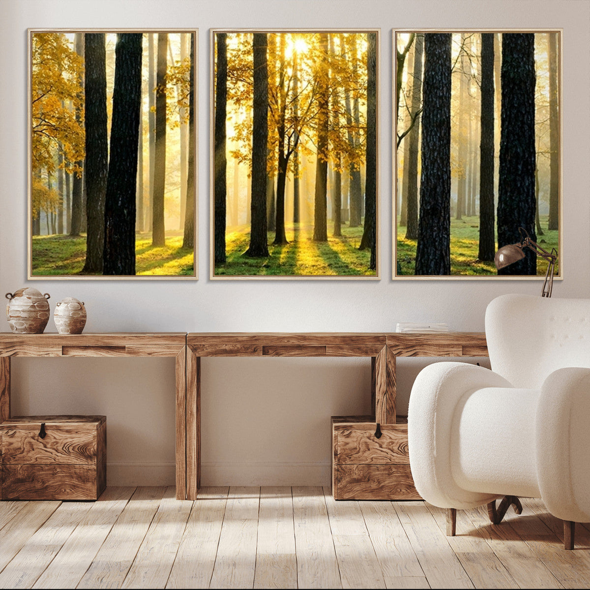 Sunlit Forest Wall Art Canvas Print – Large Framed Woodland