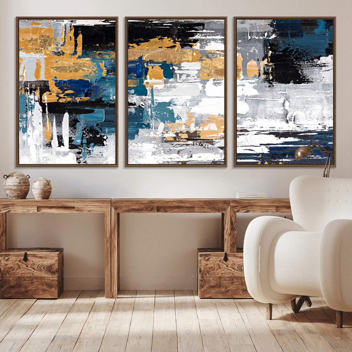 Blue and Gold Abstract Canvas Wall Art – Triptych Modern