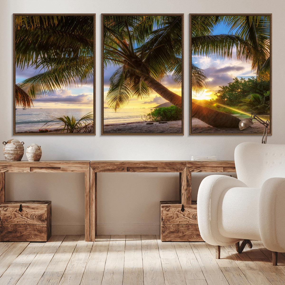Tropical Island Sunset on the Beach Palms Wall Art Canvas