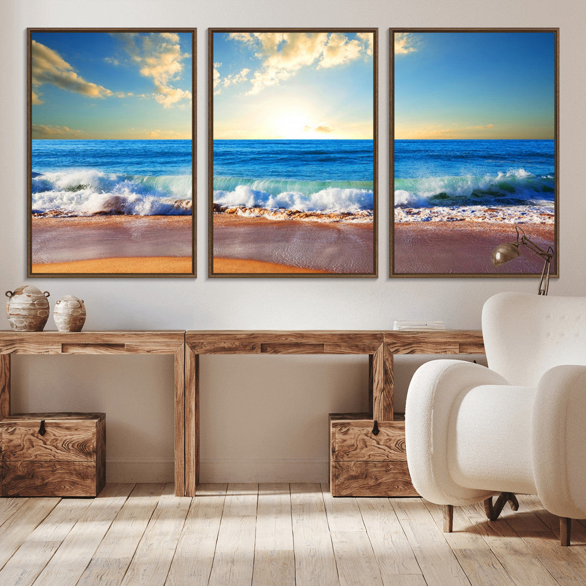 Tropical Beach Sunset Canvas Art, Ocean Waves and Sandy
