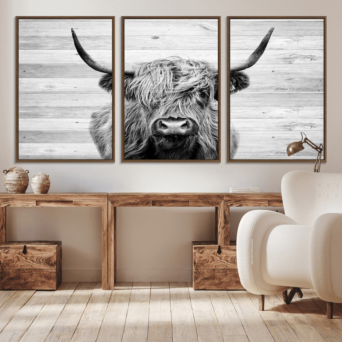 Scottish Highland Cow Cattle Art Print on Wood Background