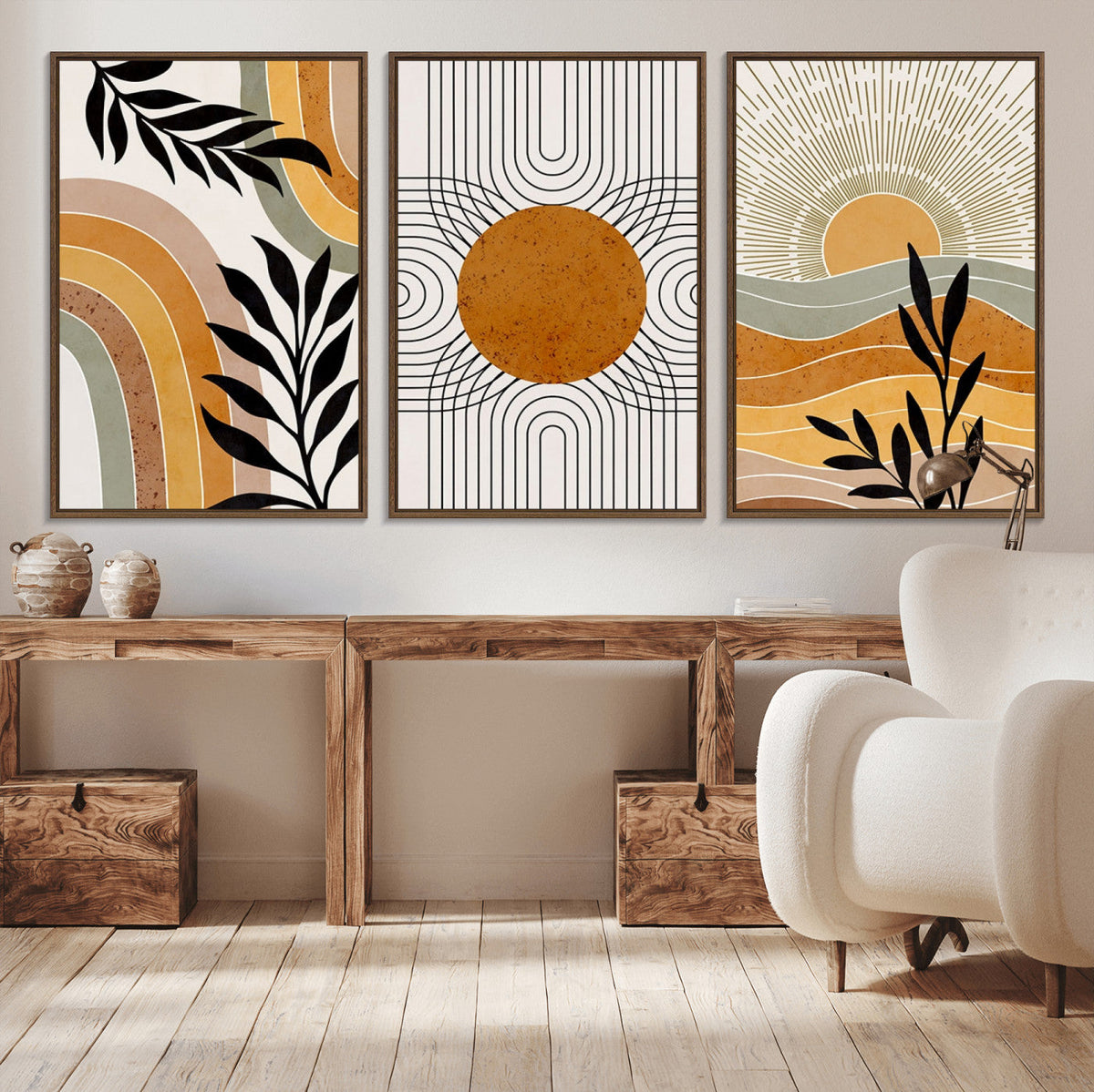 Modern Boho Sun and Leaf Abstract Art – 3-Panel Giclée