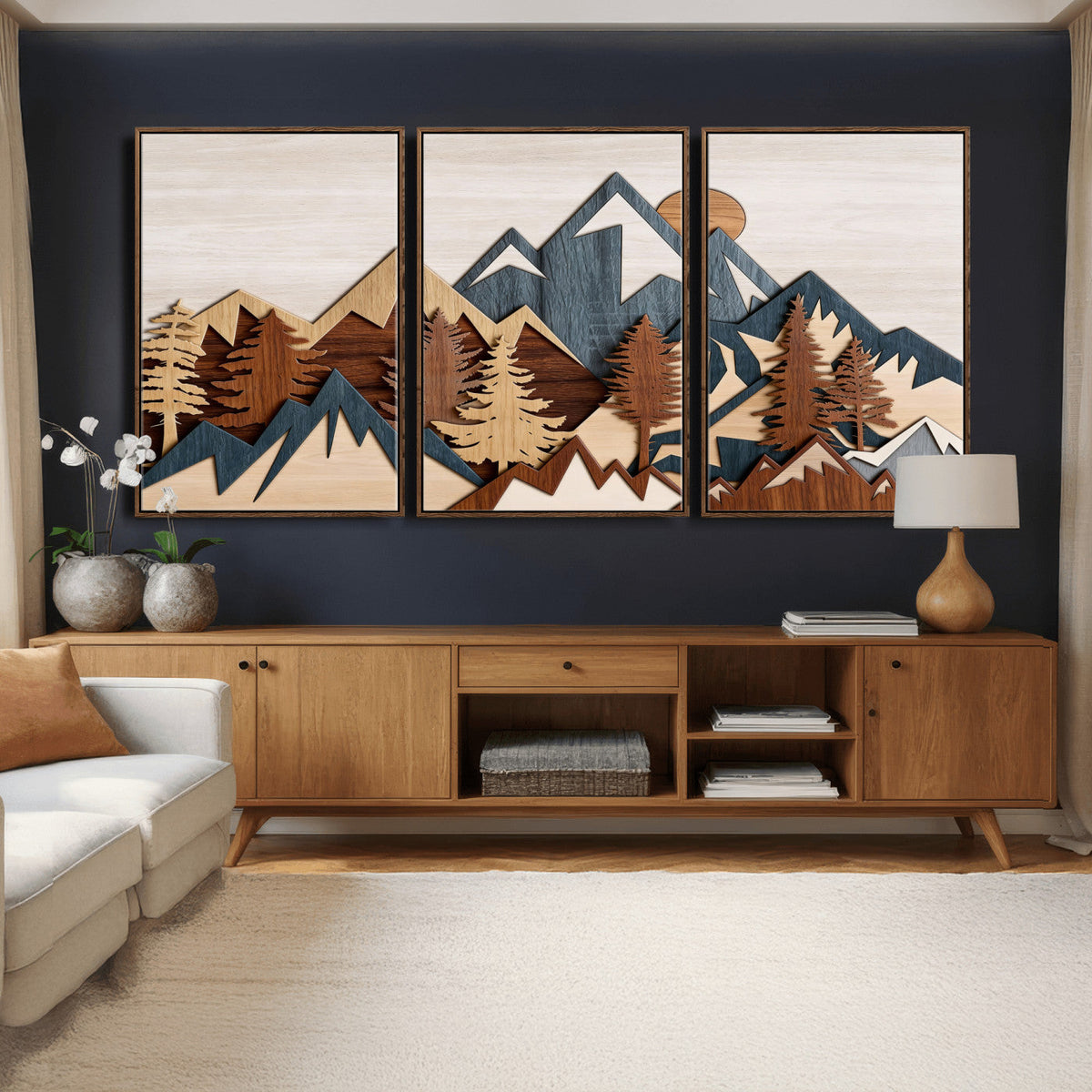Rustic Abstract Wood Panel Effect Canvas Mountain Range Top