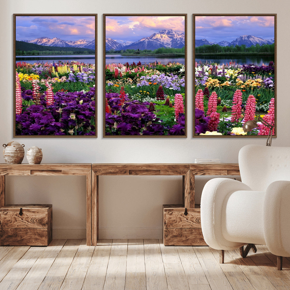 Vibrant Wildflower Garden and Mountain View Giclee Canvas