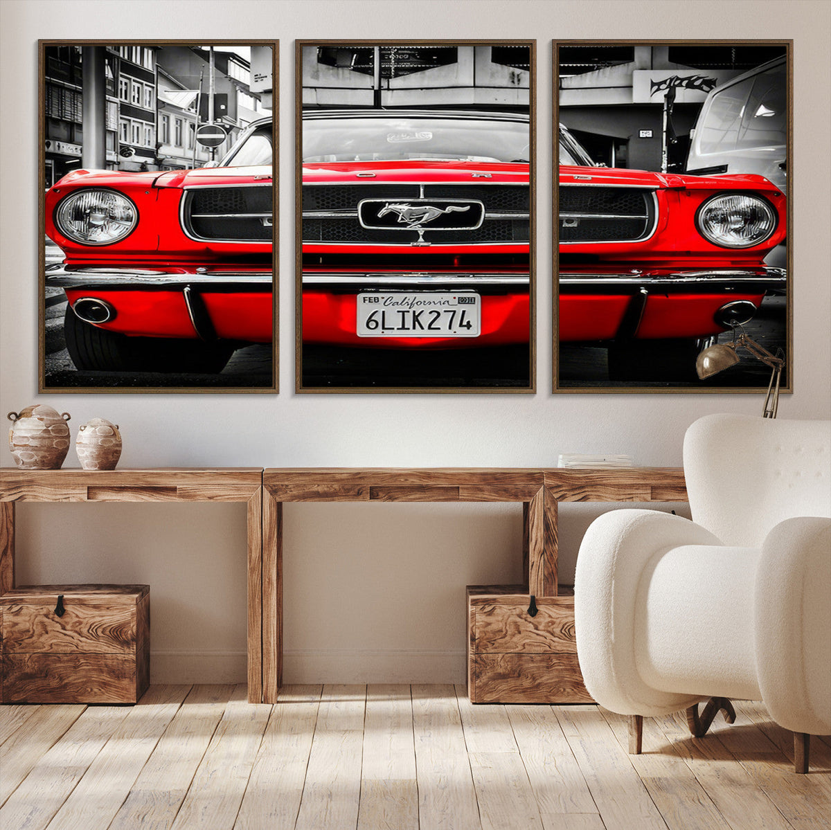 Red Mustang Car Wall Art – Framed Classic Vehicle Canvas