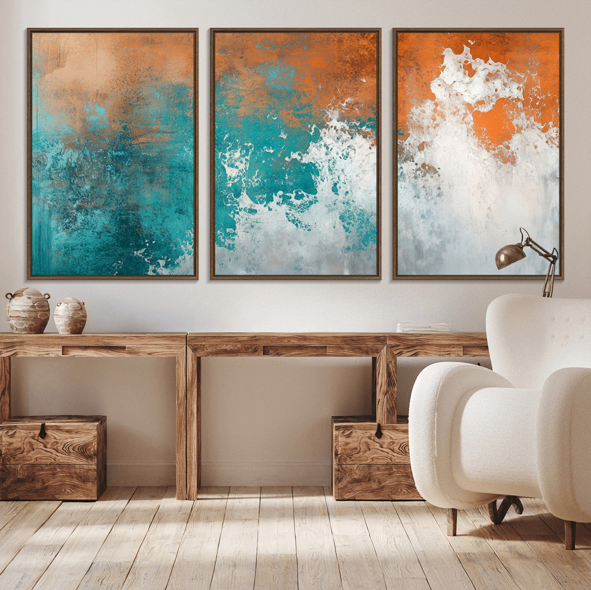 Vintage Abstract Print - Bold Teal and Orange Canvas Wall