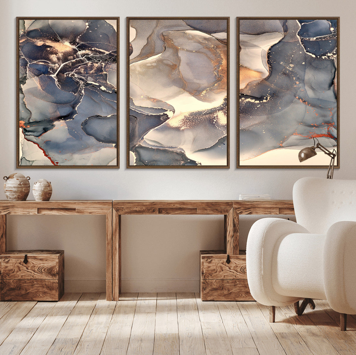 Abstract Blue and Gold Wall Art - Fluid Ink Artwork - Modern