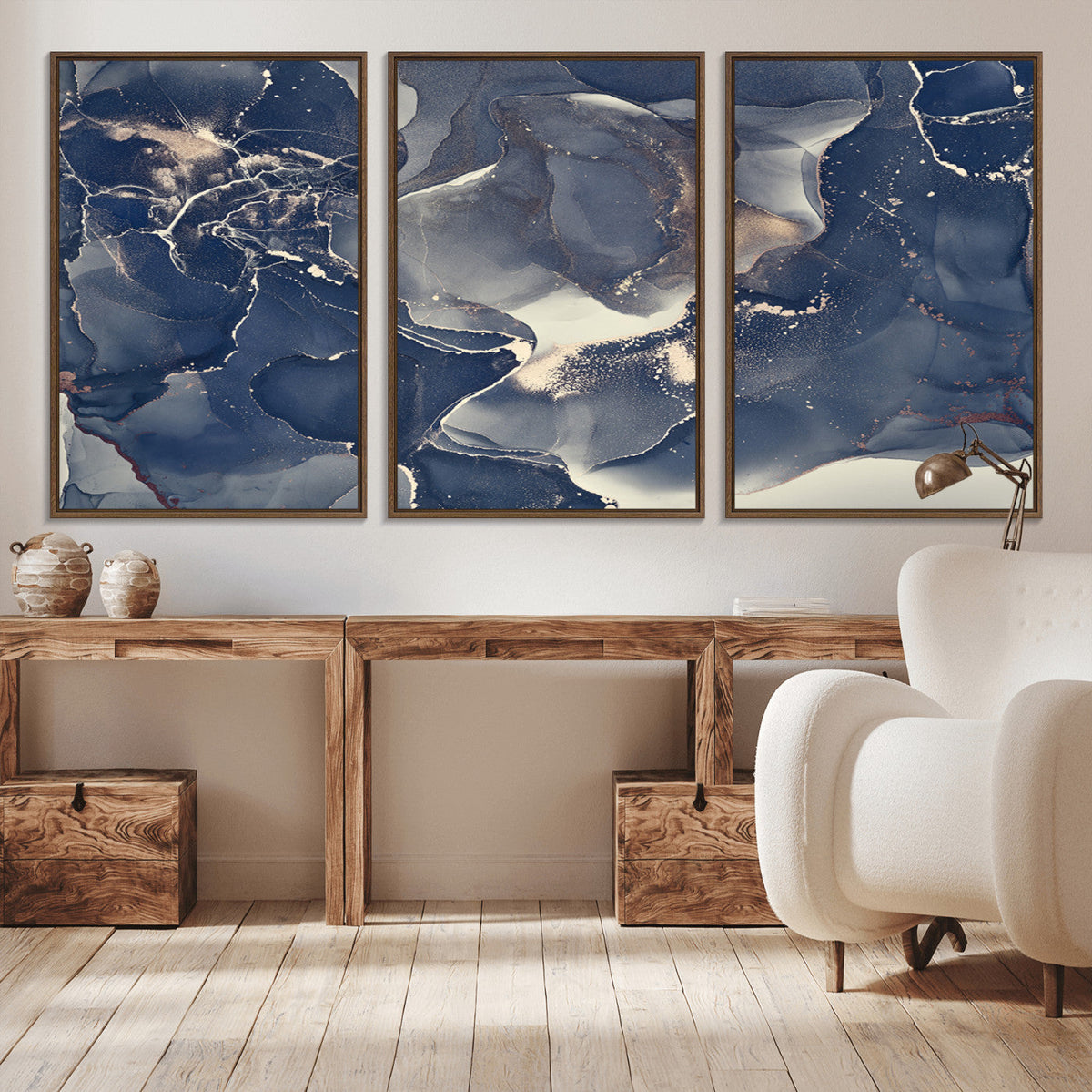 Large Abstract Blue and Gold Canvas Wall Art Fluid Ink