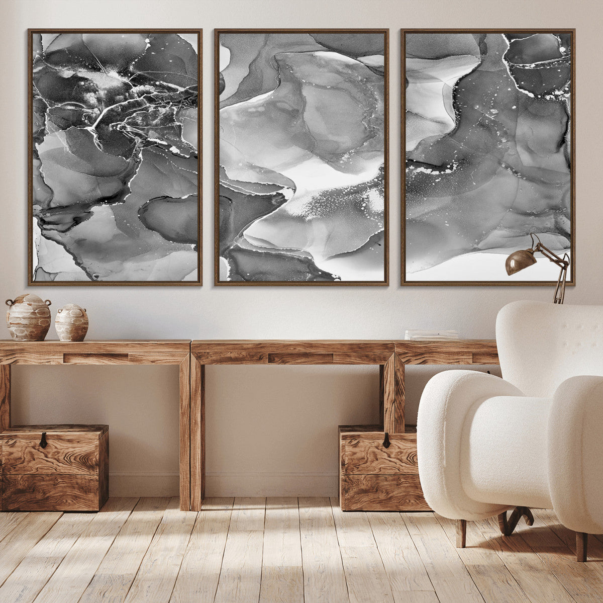 Black White Abstract Canvas Wall Art - Fluid Ink Artwork -