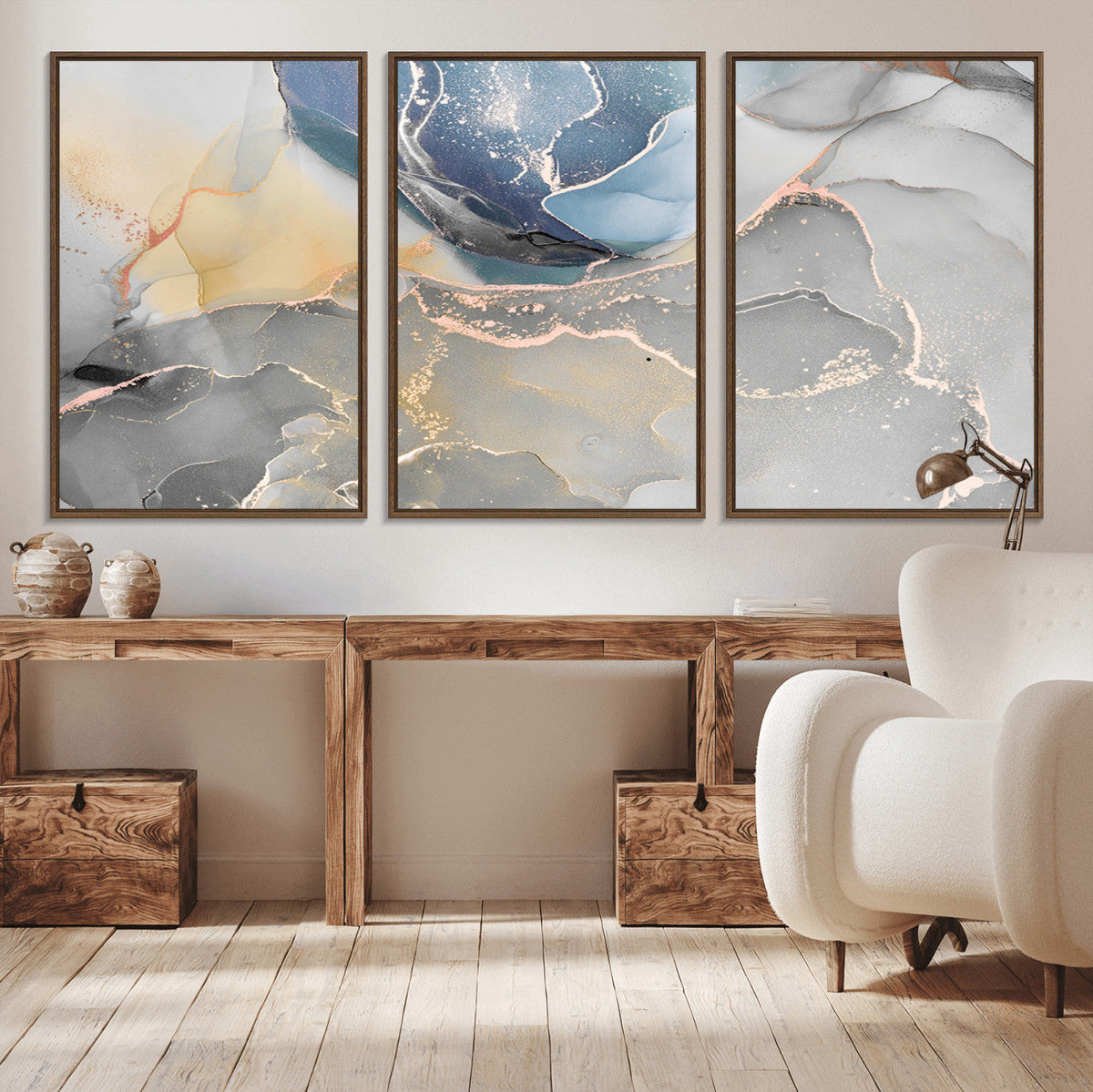 Large Abstract Blue and Gold Canvas Wall Art | Fluid Ink