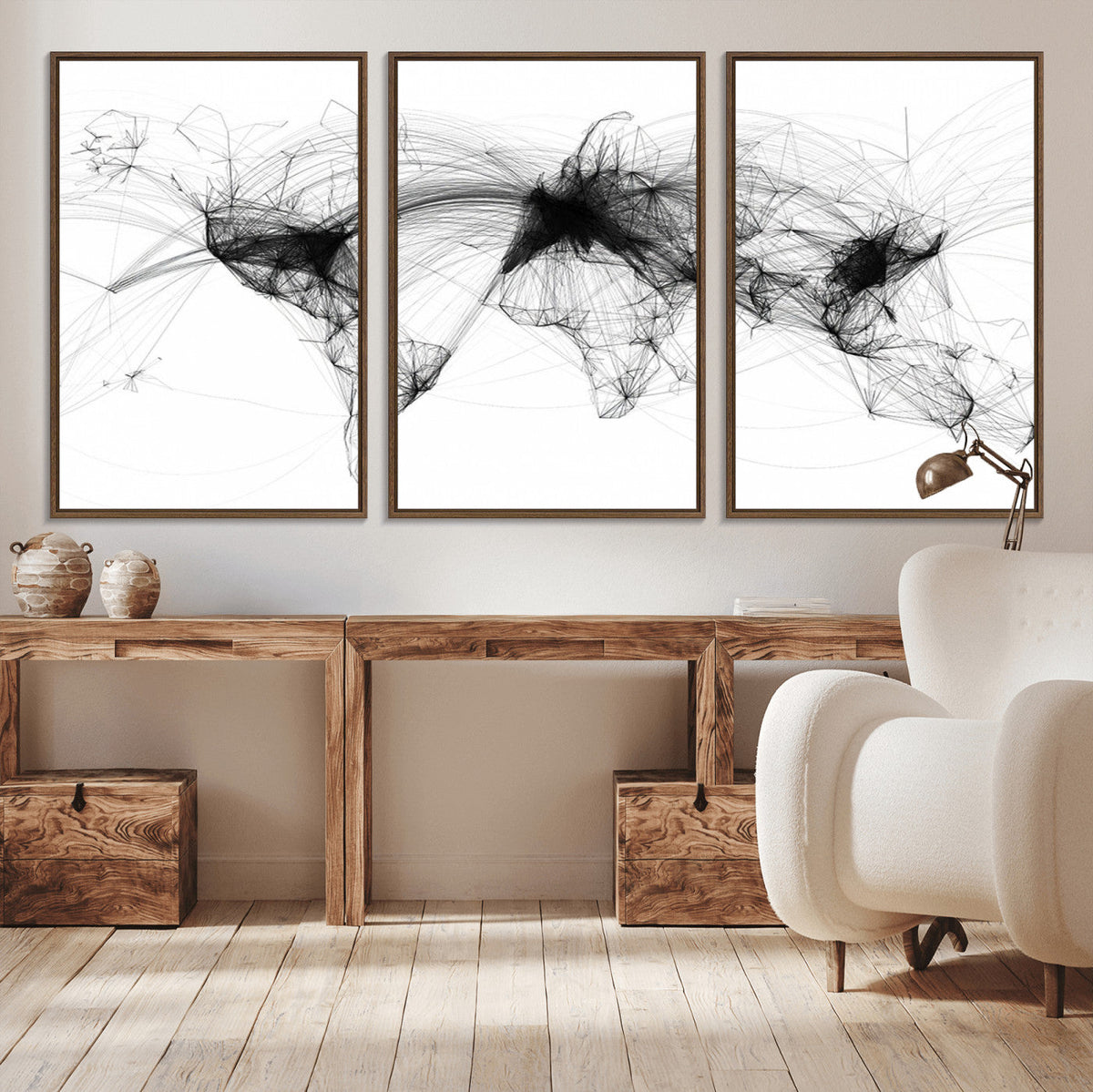 Abstract World Map Wall Art – Framed Geometric Line Canvas