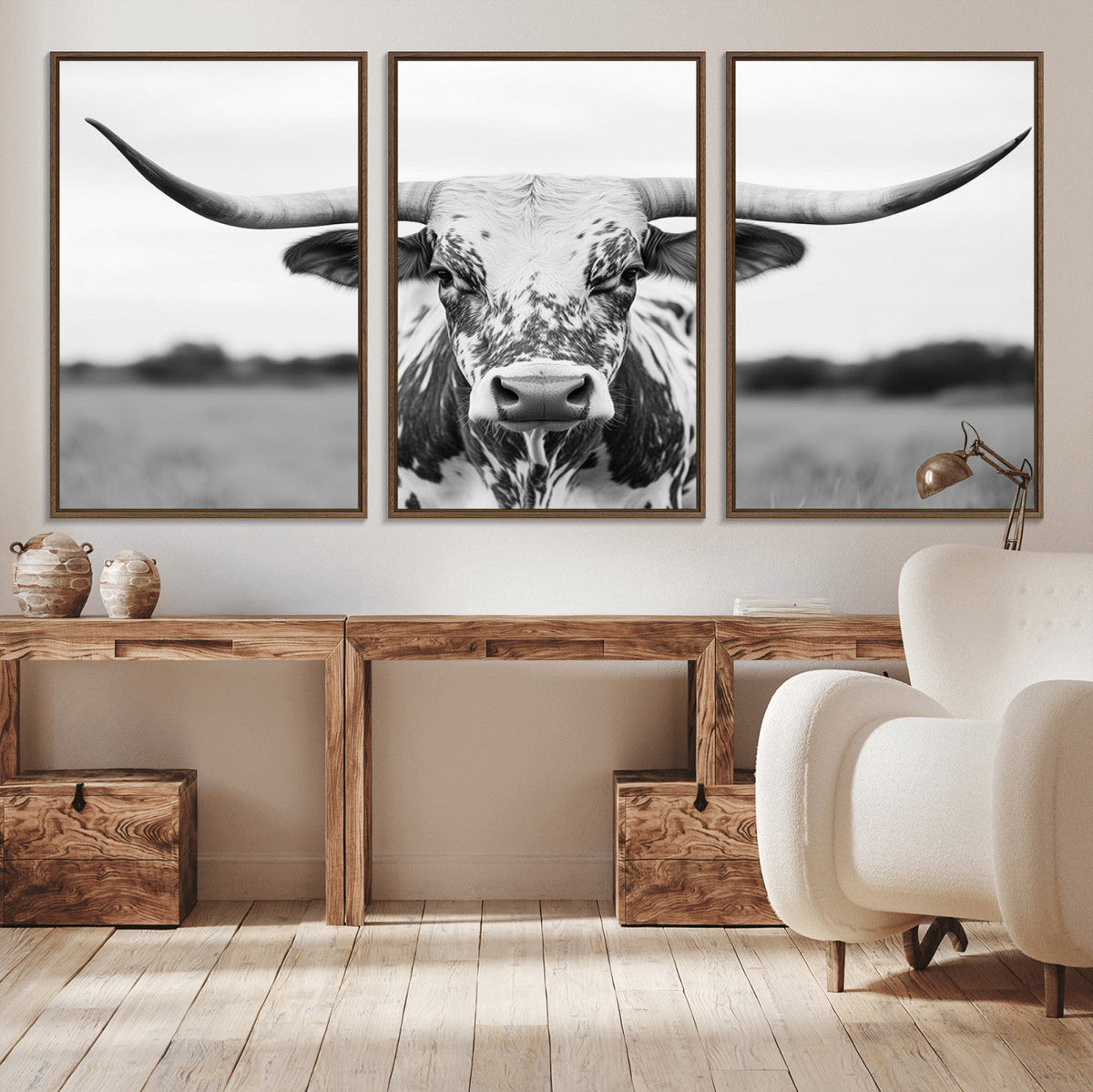 Highland Cow Wall Art Canvas Print – Black and White Western